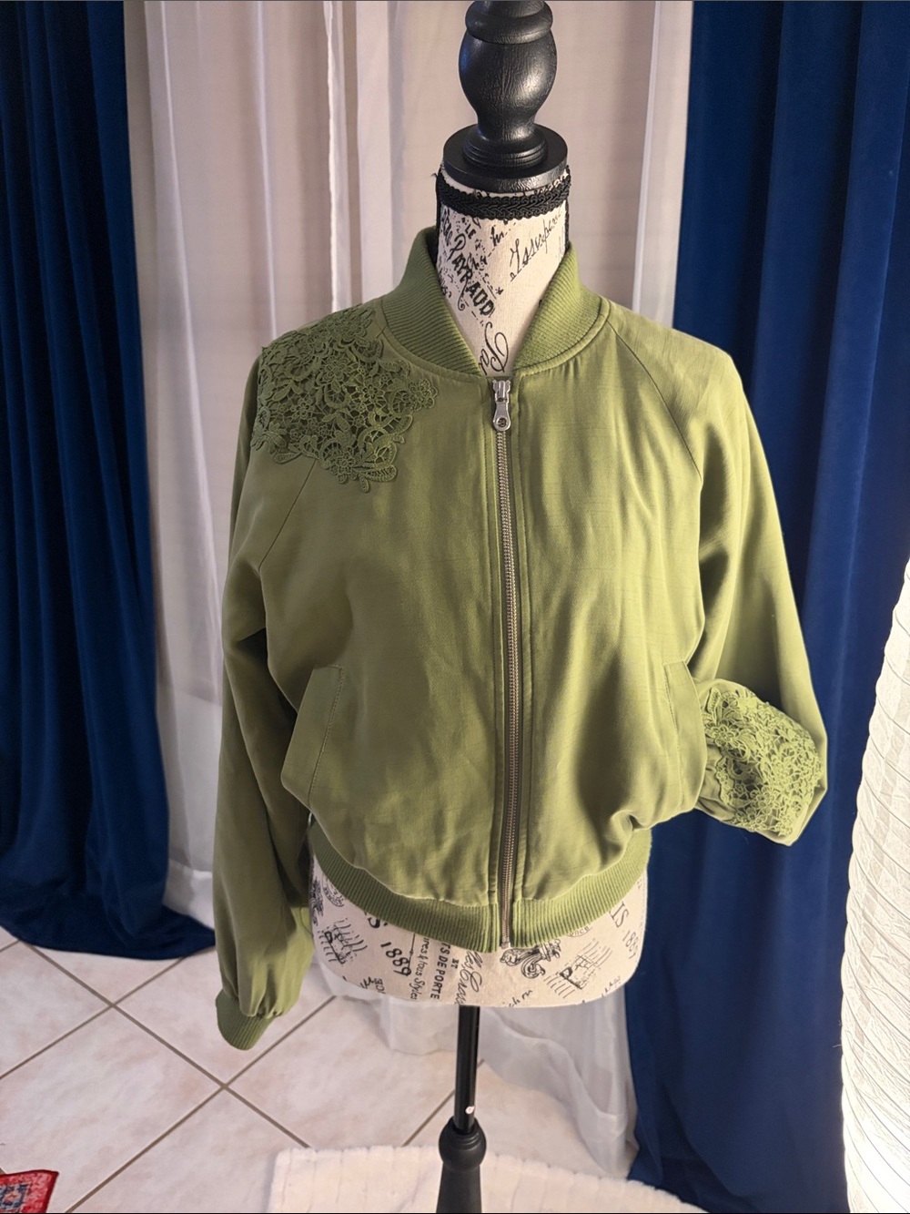 Jessica Simpson Olive Green Lace-Accent Bomber Jacket